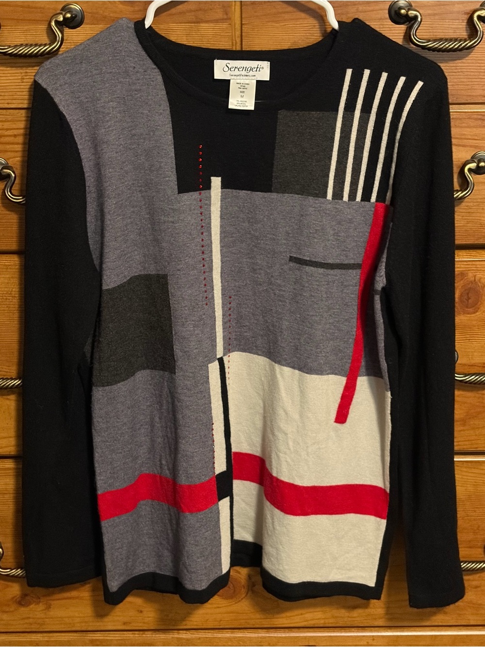 Serengeti Geometric Colorblock Crewneck Sweater - Black, Gray, White & Red